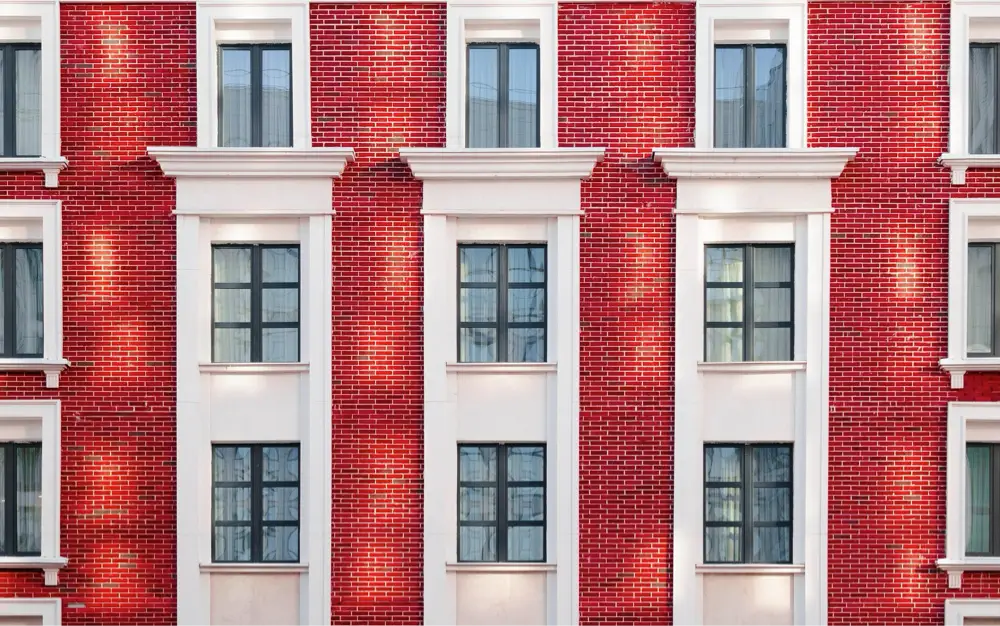 Facade of a red apartment building